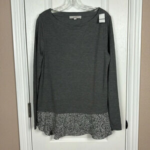 LOFT Gray Long Sleeve Top with Black and White Hem